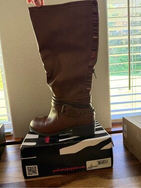 Pink & Pepper Brown Mid-Calf Riding Boots with Buckle & Chain
